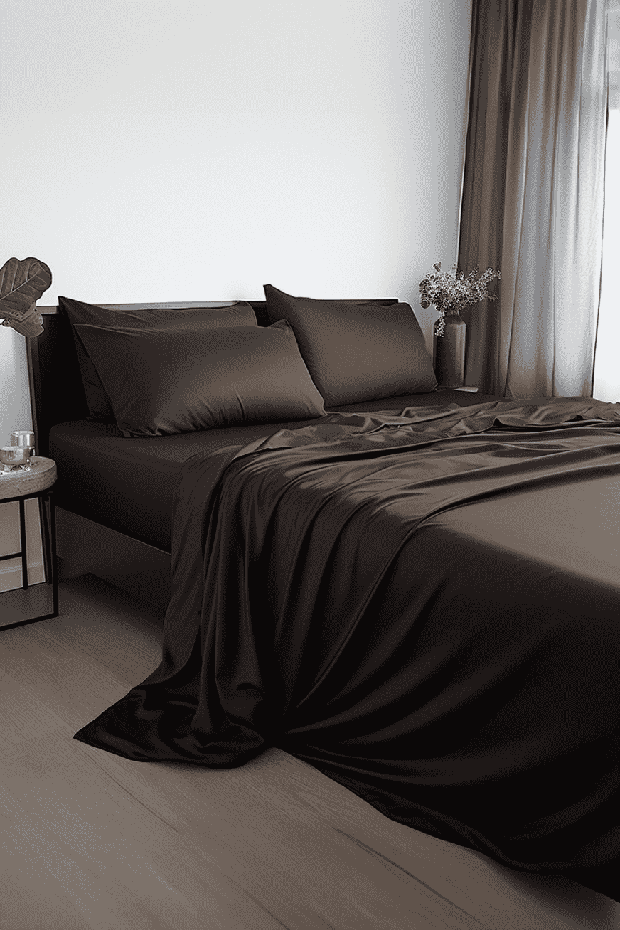 Parure de draps en satin chocolat noir