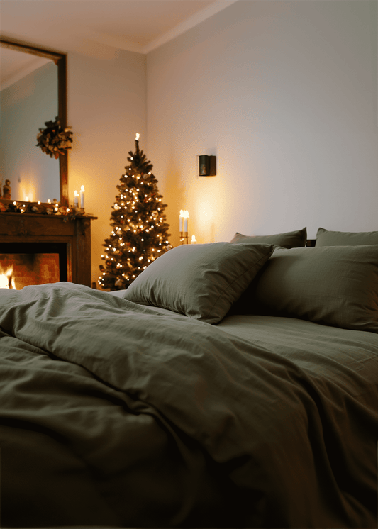 Christmas dark olive linen pillowcase