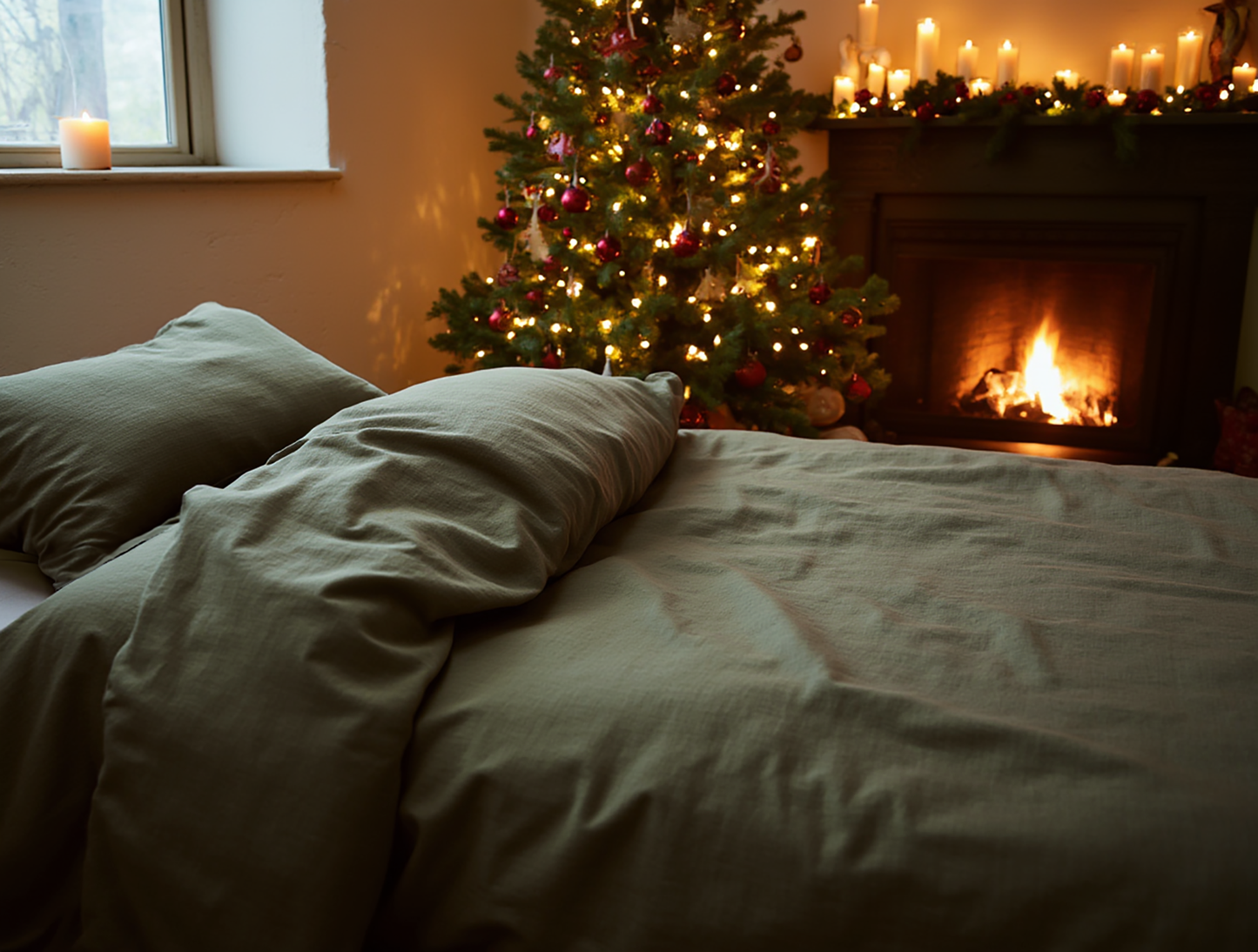 Christmas dark olive linen duvet cover