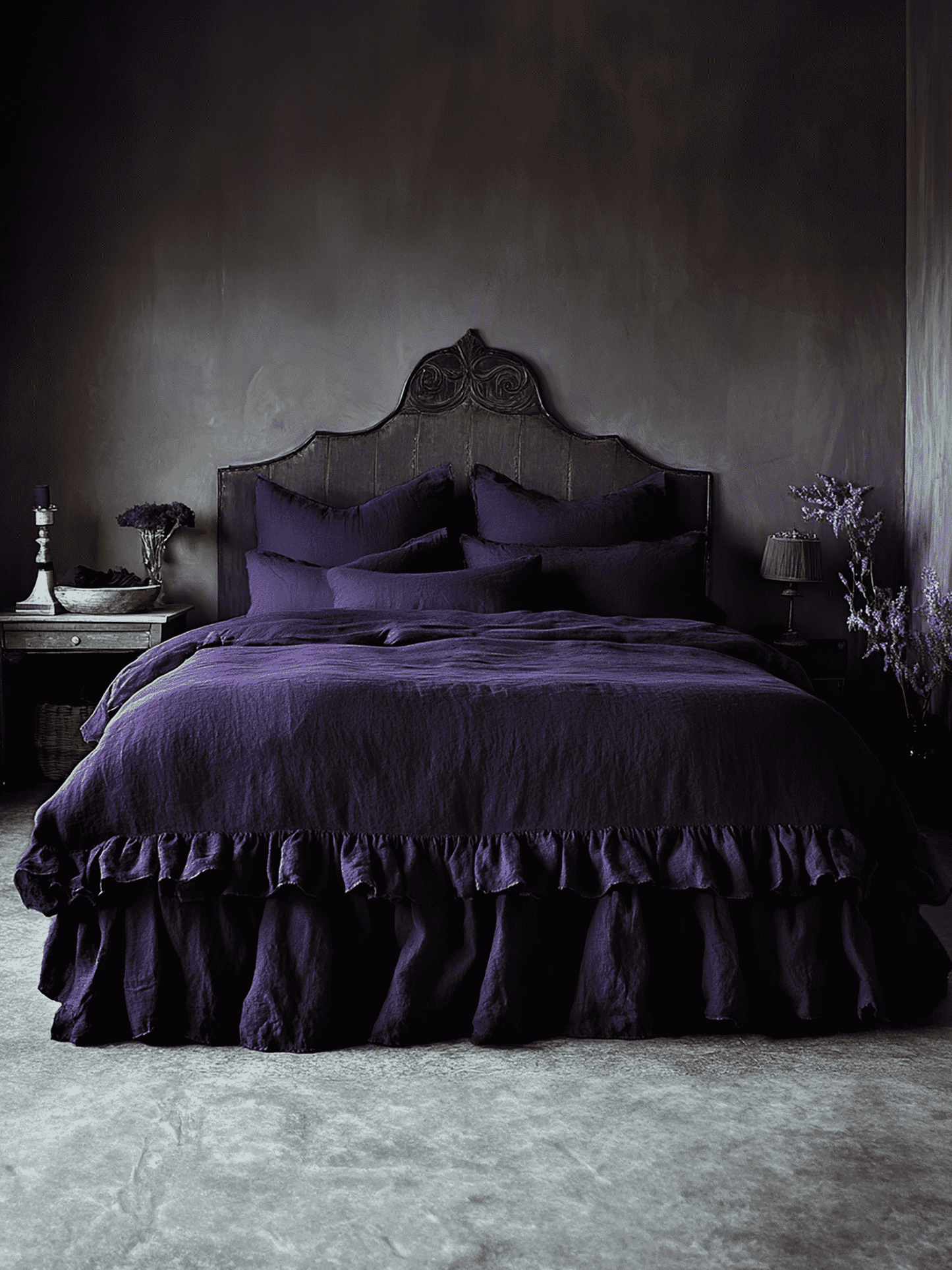 Deep purple ruffled bed skirt