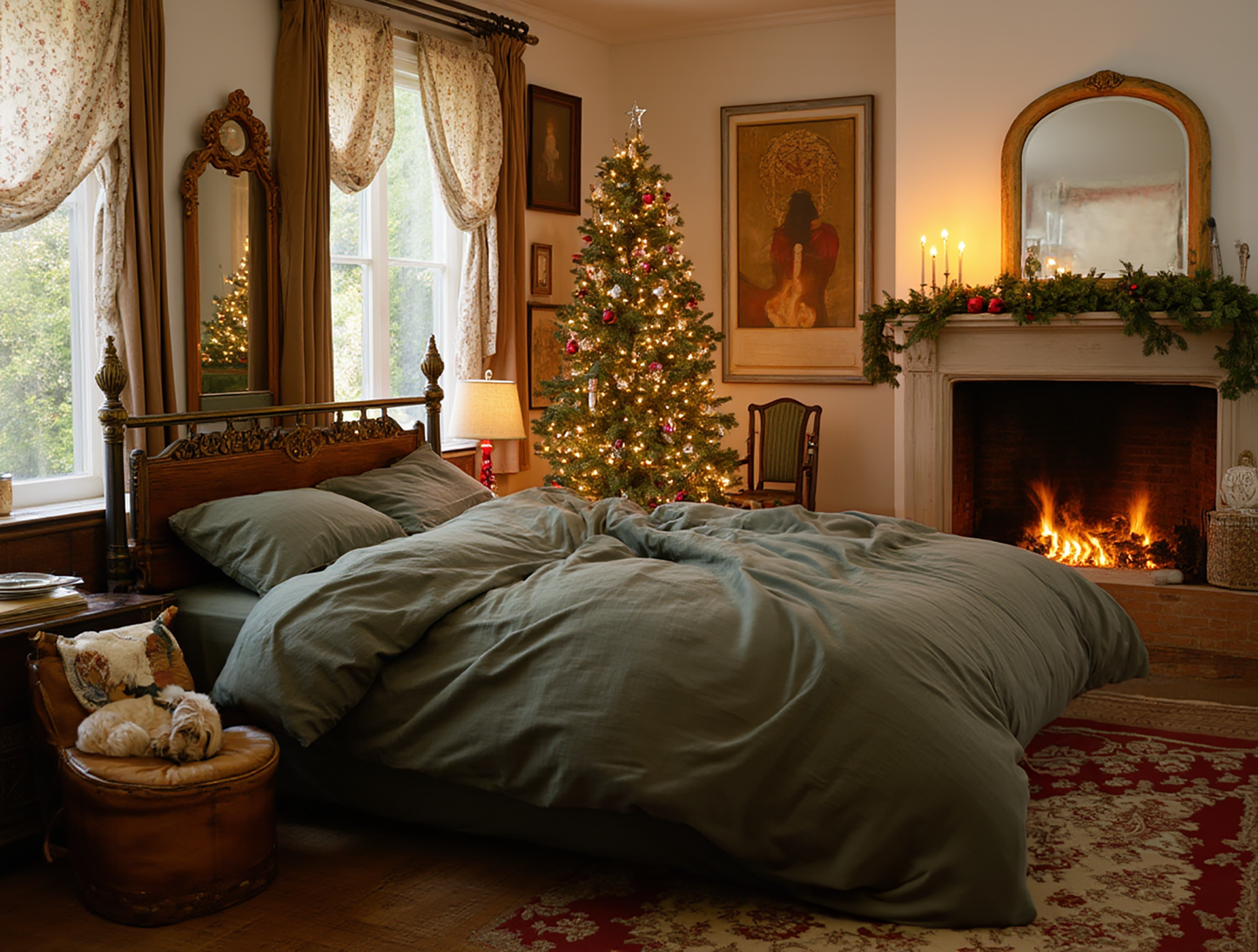 Christmas dark olive linen duvet cover