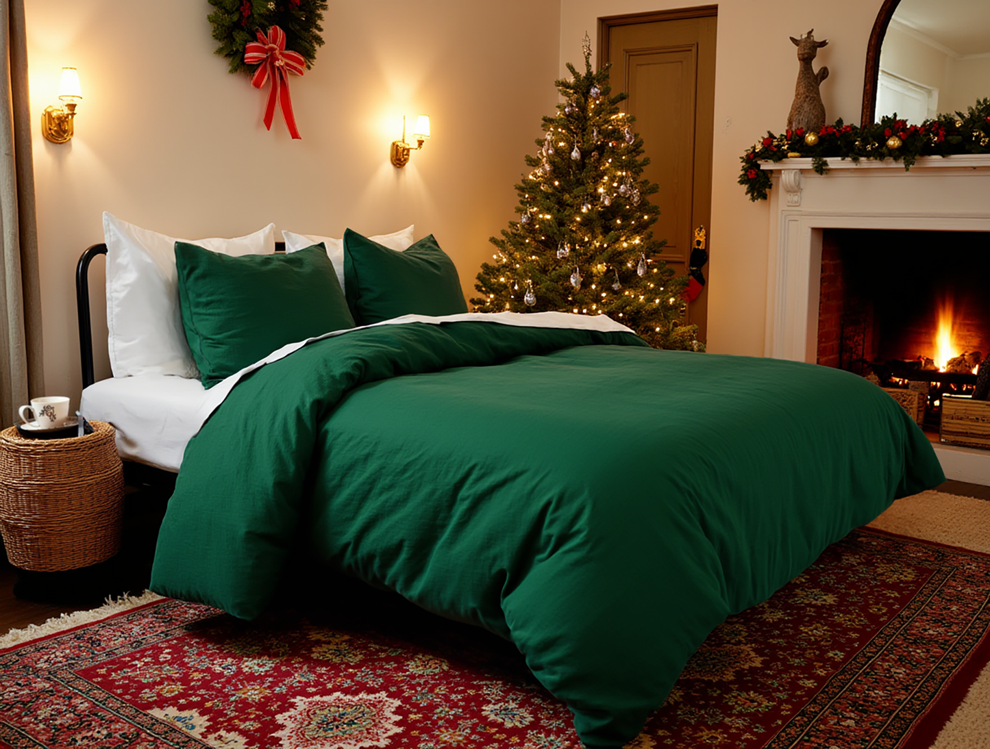 Taie d'oreiller en lin émeraude de Noël