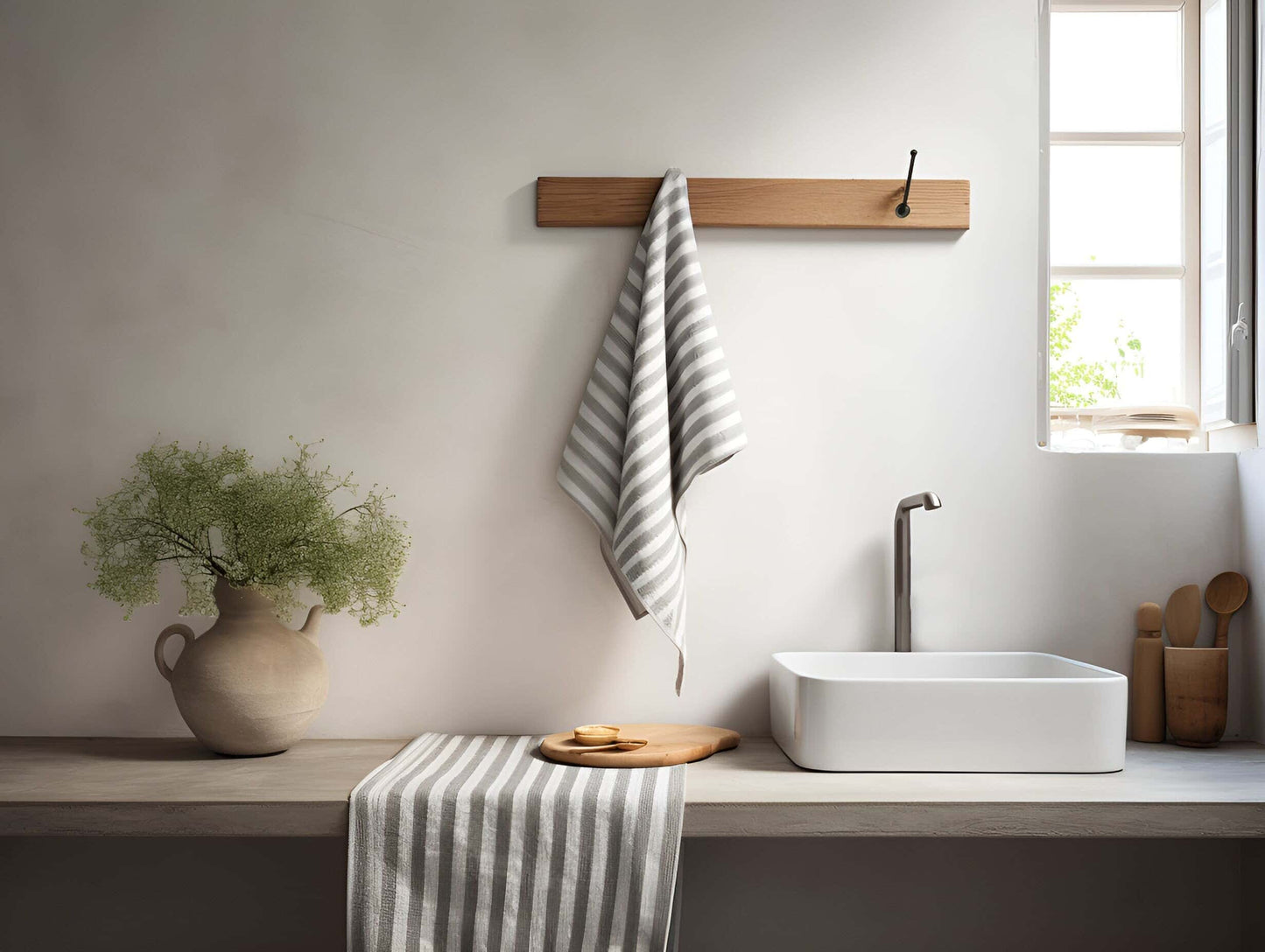 White grey striped linen kitchen towel Striped stone washed linen hand towel White tea towel Softened linen dish towel Natural dishcloth