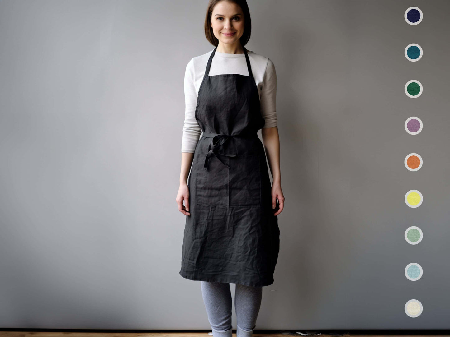Black linen adjustable apron with belt Natural flax apron with large front pocket Unisex pure softened linen kitchen apron Custom sizes
