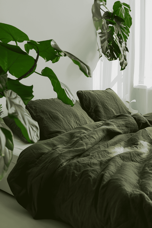 Housse de couette et 2 taies d'oreiller en lin olive foncé
