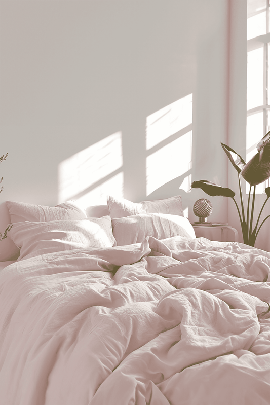 Housse de couette et 2 taies d'oreiller en lin rose pastel