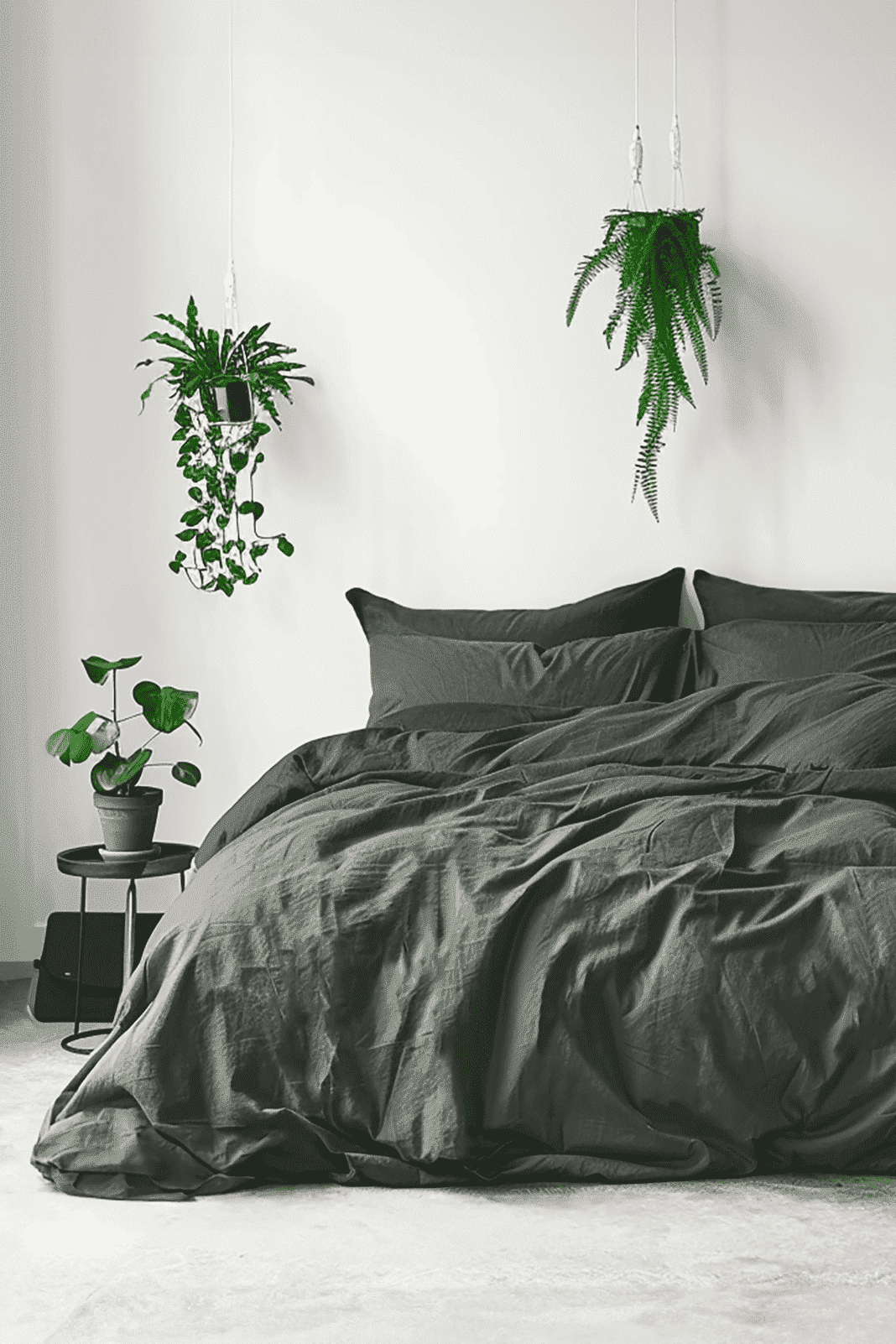 Housse de couette et 2 taies d'oreiller en lin vert foncé