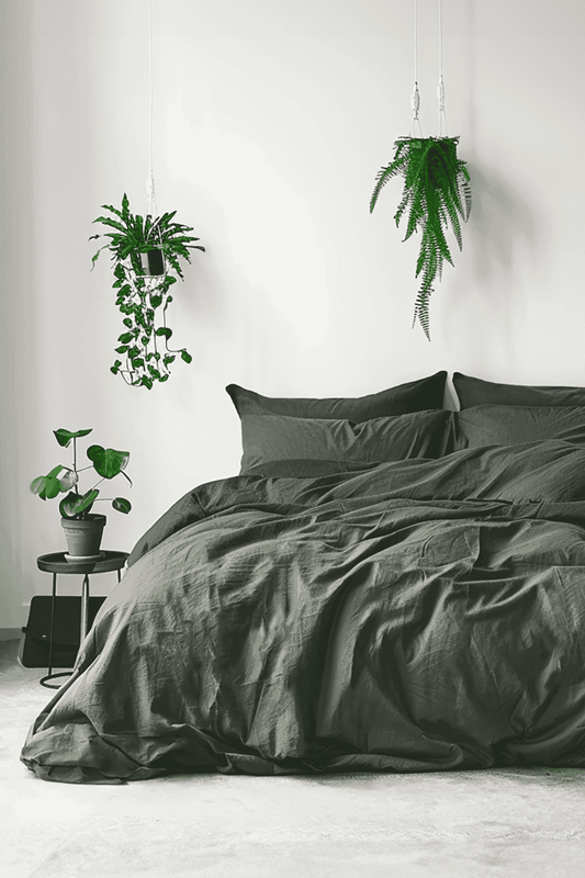Housse de couette et 2 taies d'oreiller en lin vert foncé