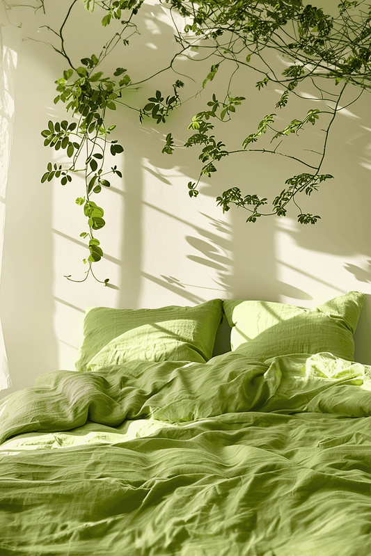 Housse de couette et 2 taies d'oreiller en lin chartreuse