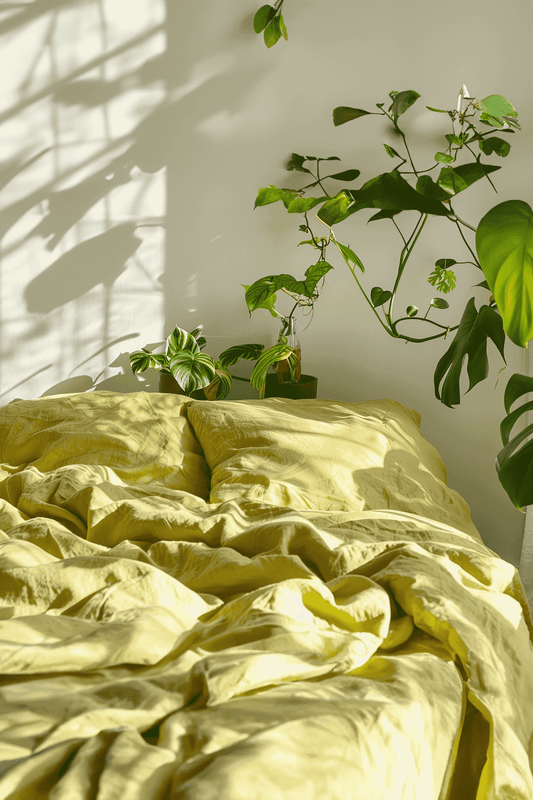 Housse de couette et 2 taies d'oreiller en lin citron