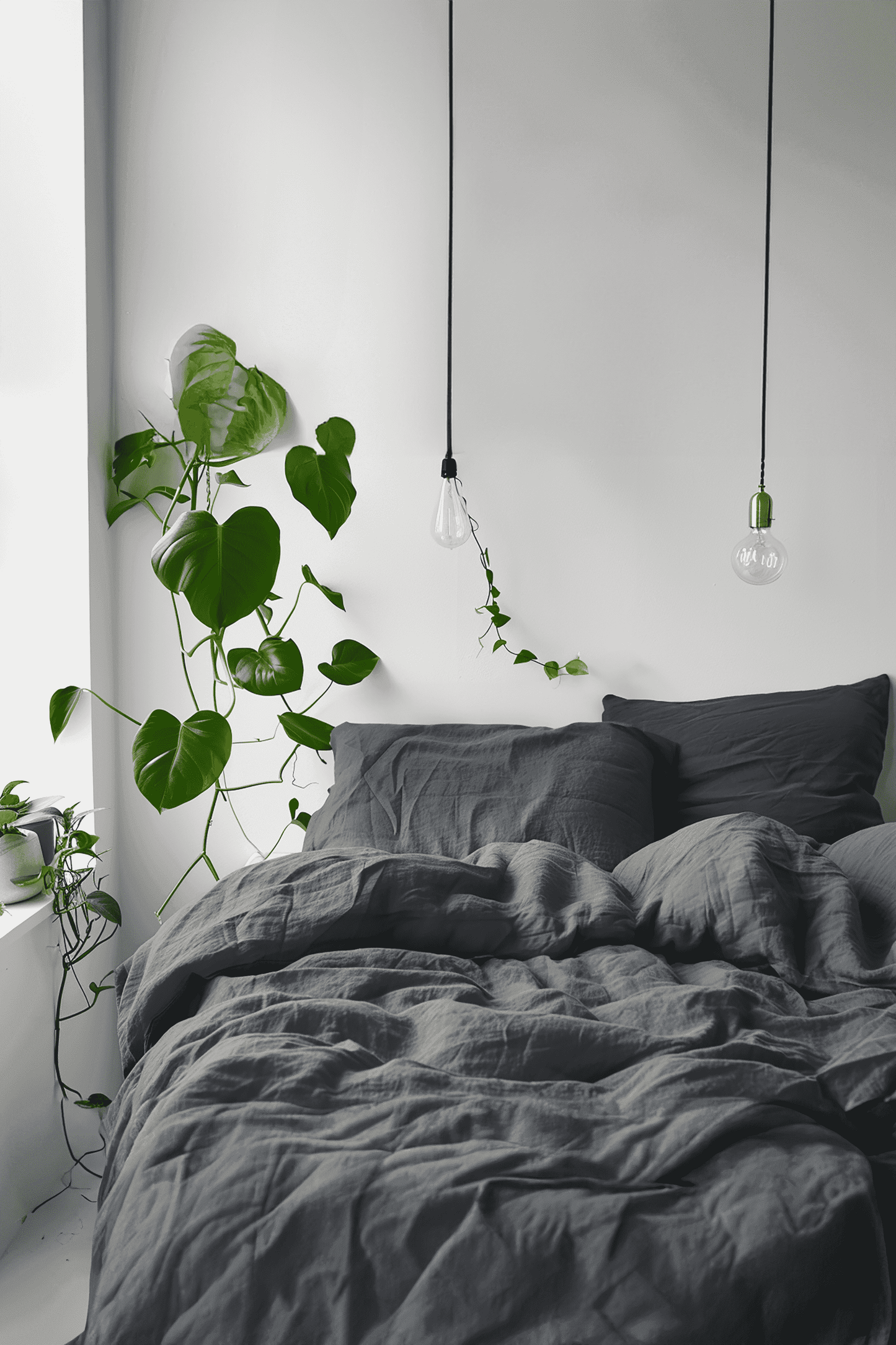 Housse de couette et 2 taies d'oreiller en lin gris foncé