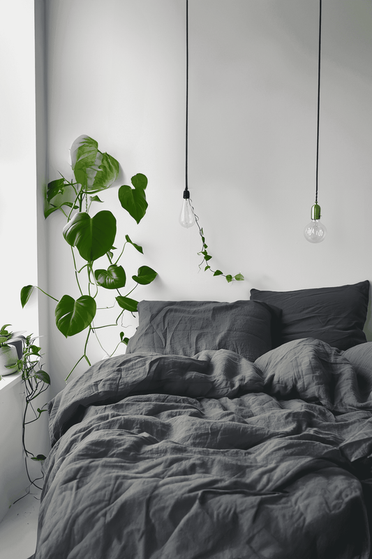 Housse de couette et 2 taies d'oreiller en lin gris foncé