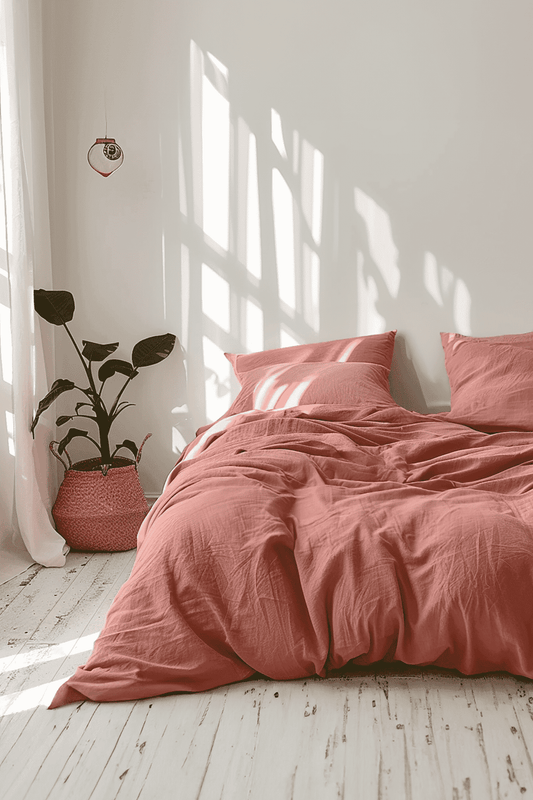 Housse de couette et 2 taies d'oreiller en lin corail