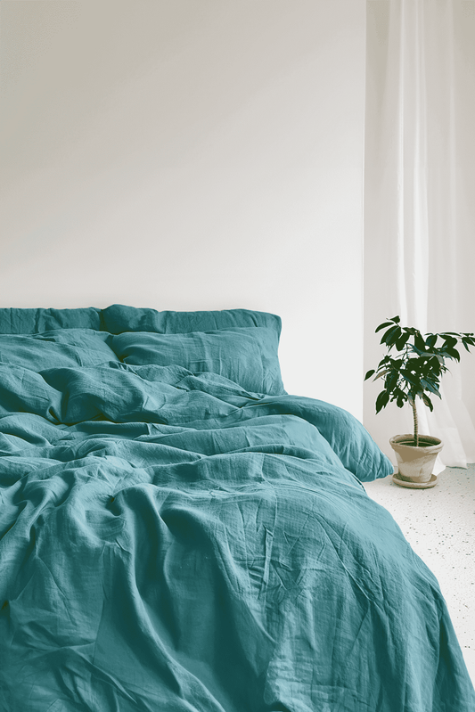 Housse de couette et 2 taies d'oreiller en lin bleu sarcelle
