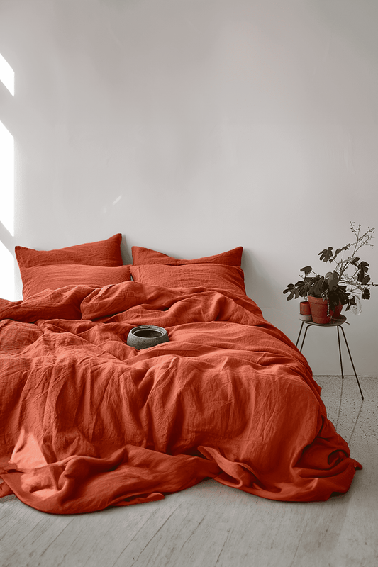 Housse de couette et 2 taies d'oreiller en lin terracotta
