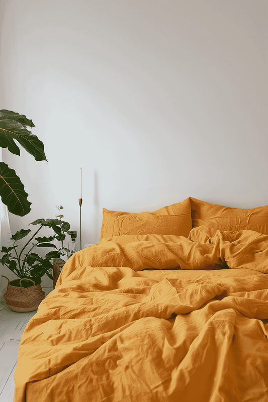Housse de couette et 2 taies d'oreiller en lin curry