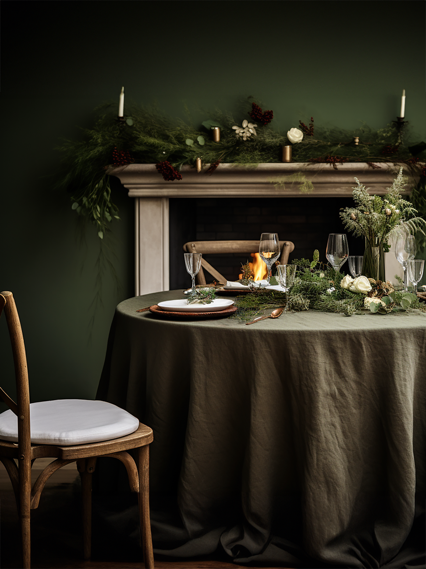 Weihnachtliche Tischdecke aus dunkelolivfarbenem Leinen
