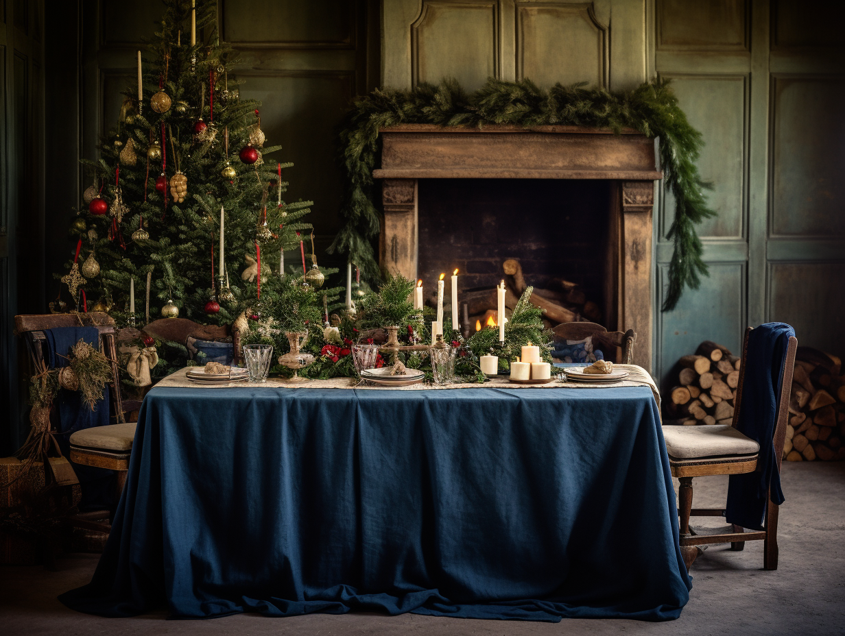 Weihnachtliche Tischdecke aus indigoblauem Leinen