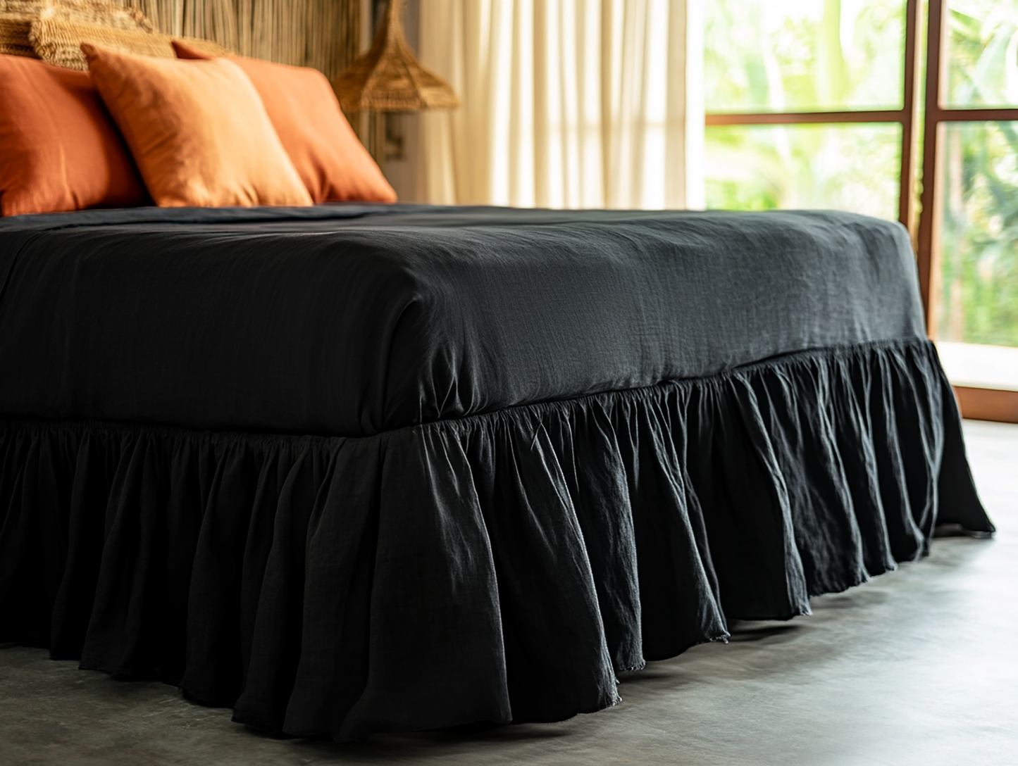 Black ruffled bed skirt