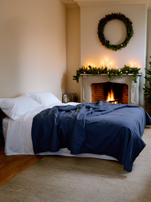 Christmas indigo linen coverlet