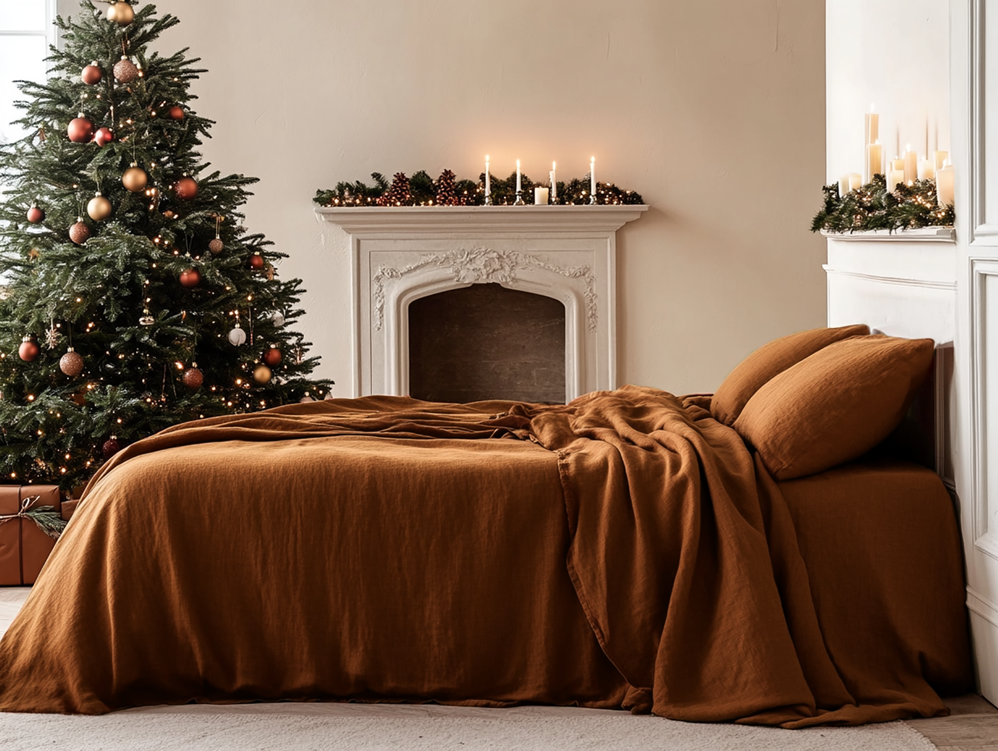 Christmas cinnamon linen coverlet