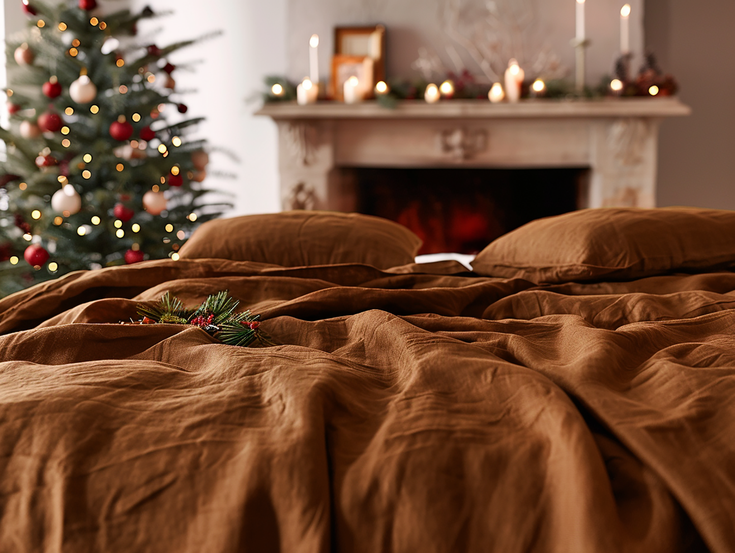 Christmas cinnamon linen coverlet