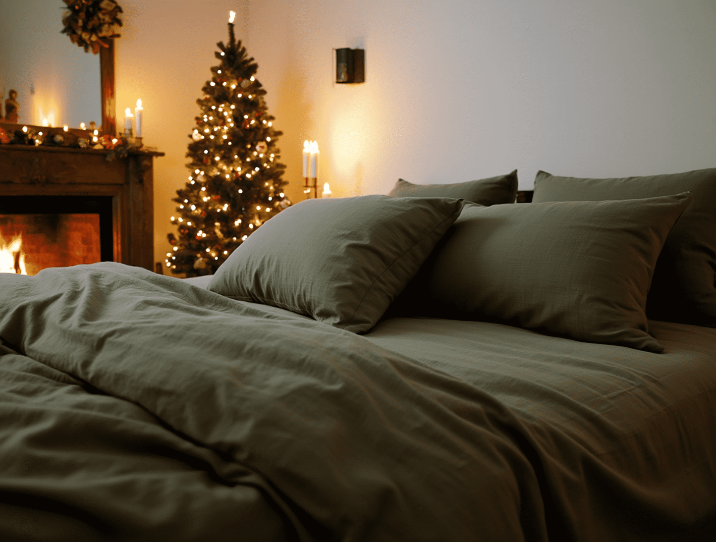 Housse de couette en lin olive foncé de Noël