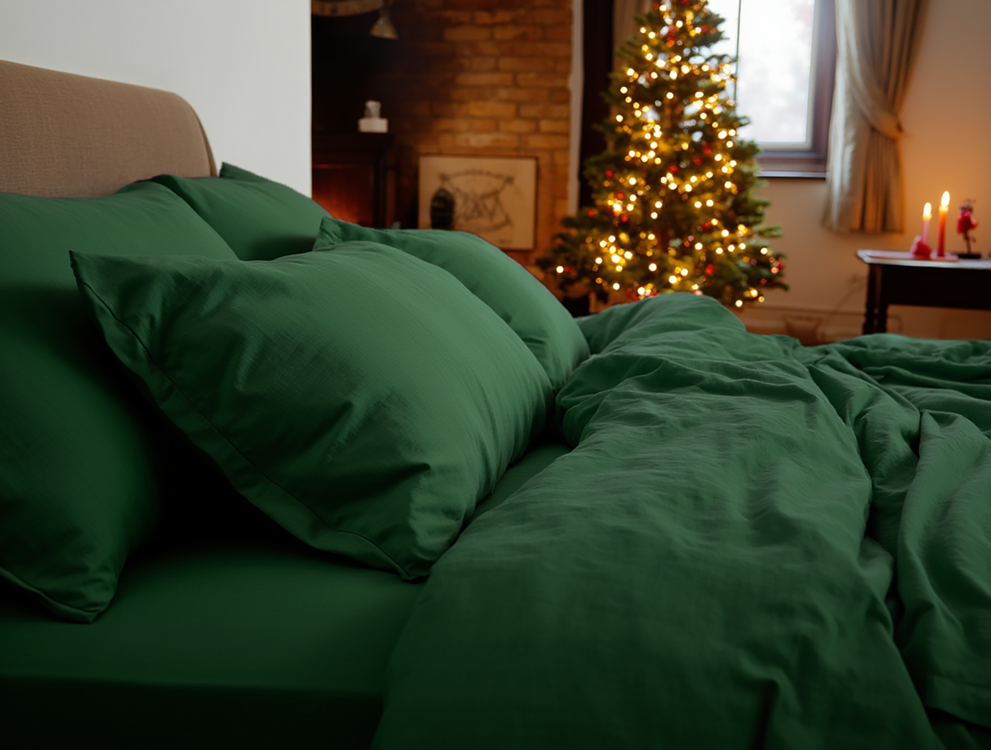 Taie d'oreiller en lin émeraude de Noël
