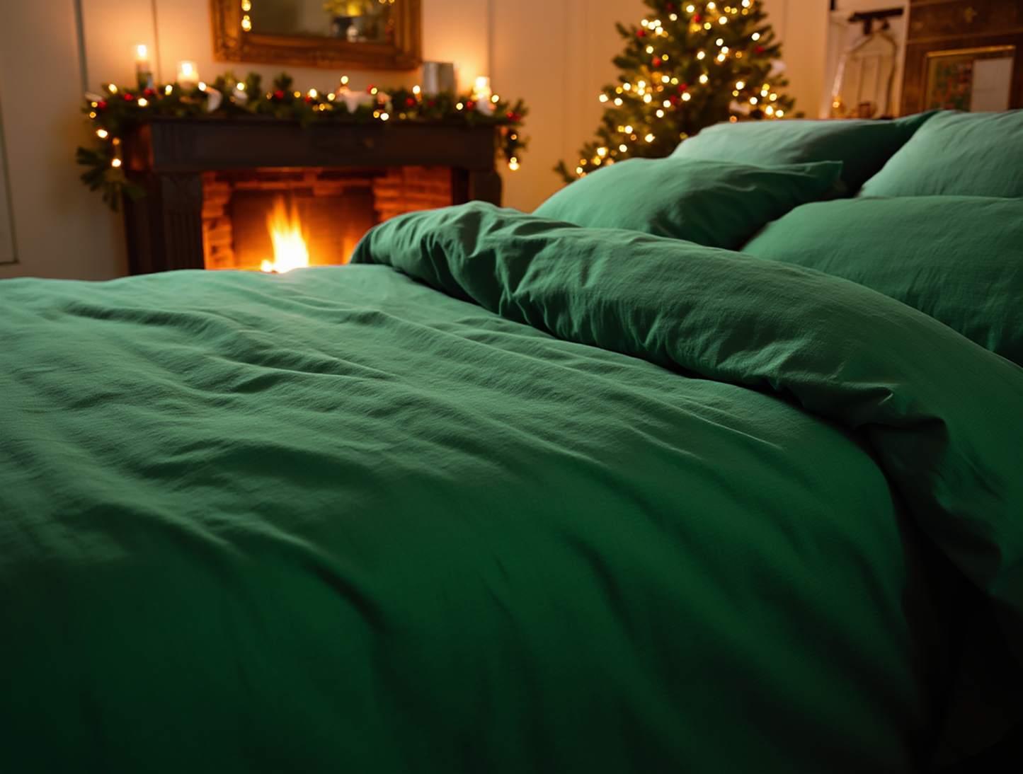 Taie d'oreiller en lin émeraude de Noël