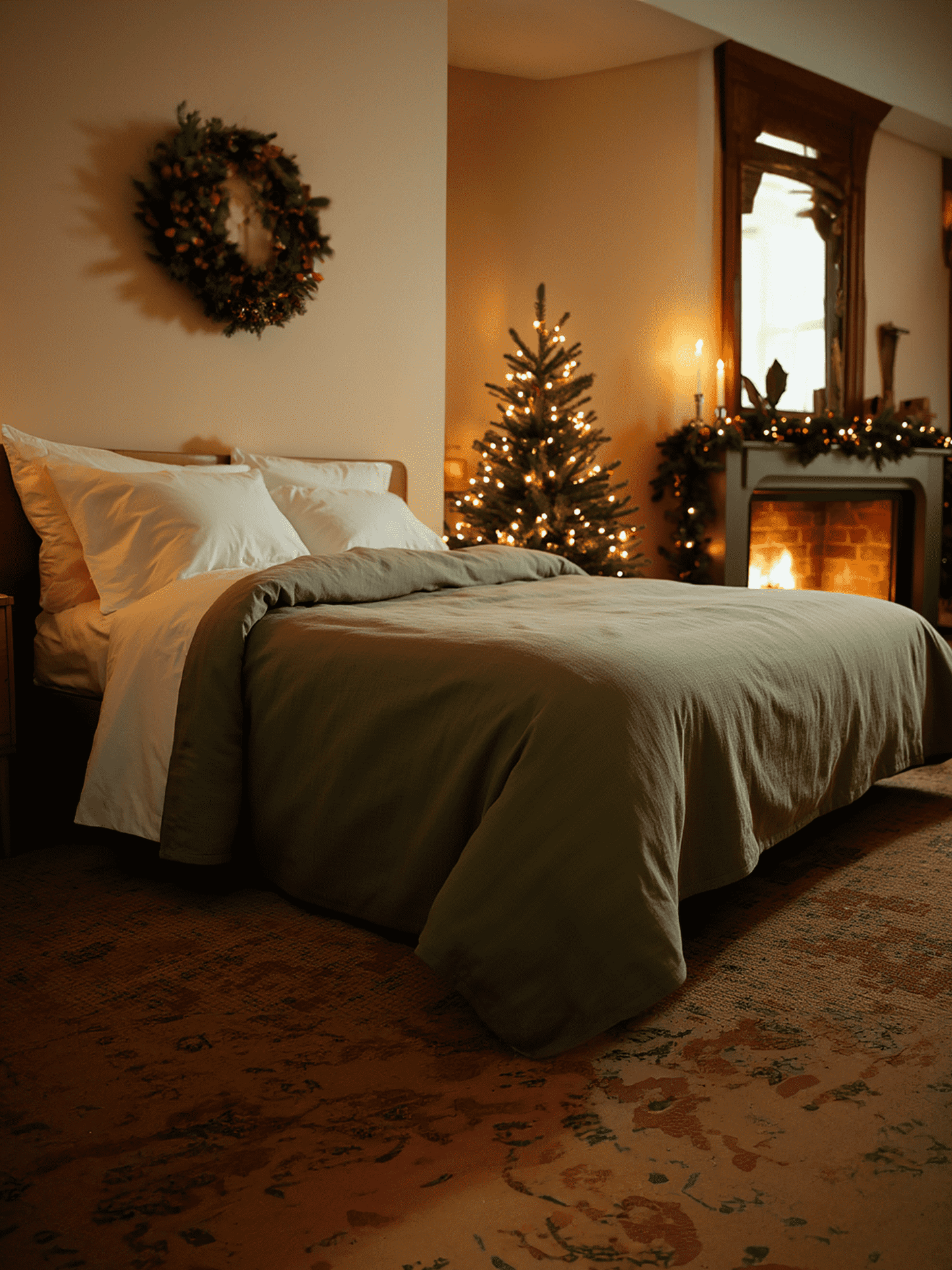 Couvre-lit de Noël en lin vert olive foncé