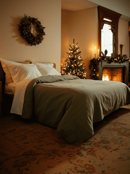 Christmas dark olive linen coverlet