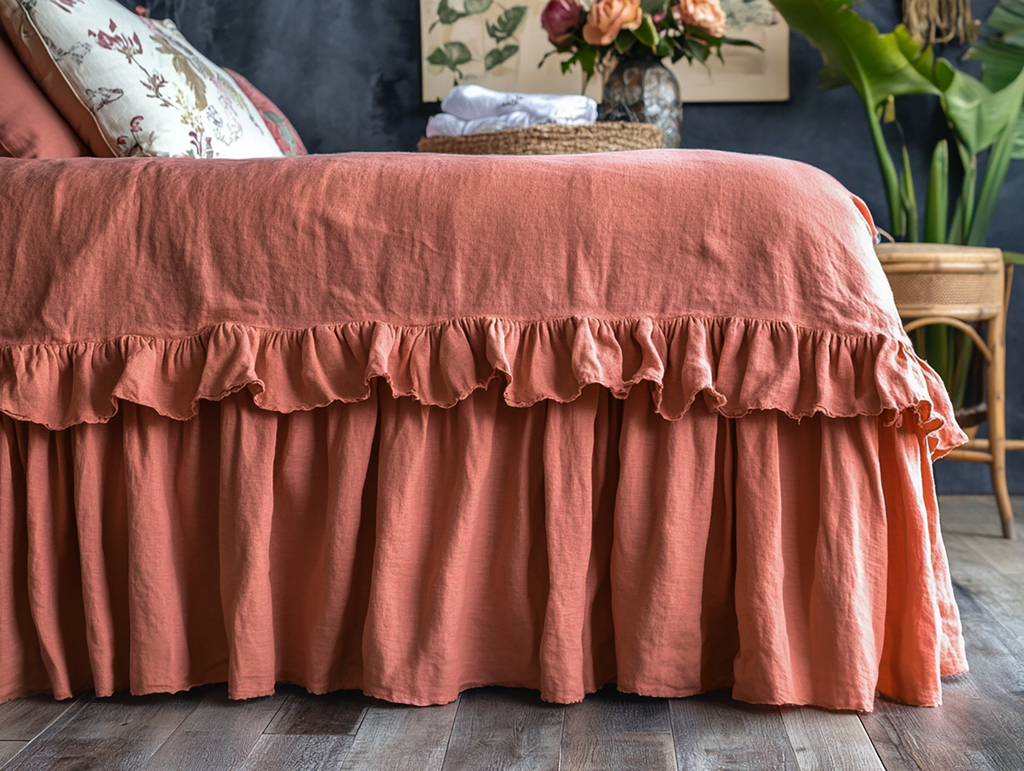 Coral ruffled bed skirt