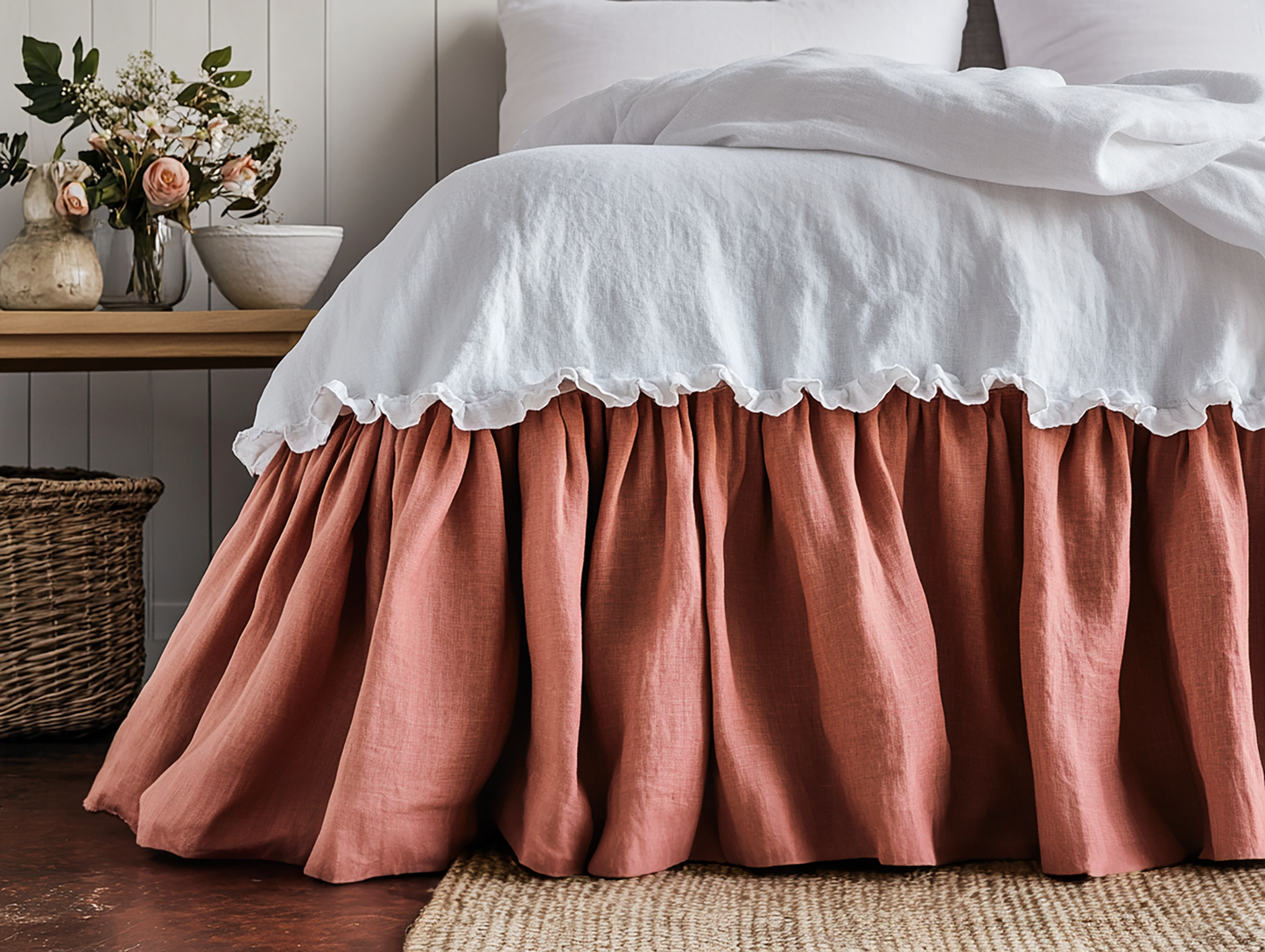 Coral ruffled bed skirt