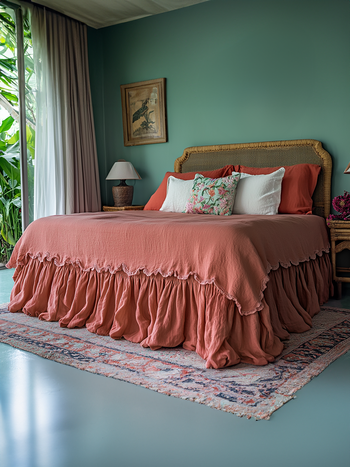 Coral ruffled bed skirt