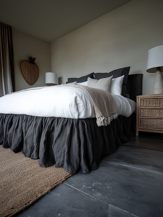 Dark gray ruffled bed skirt