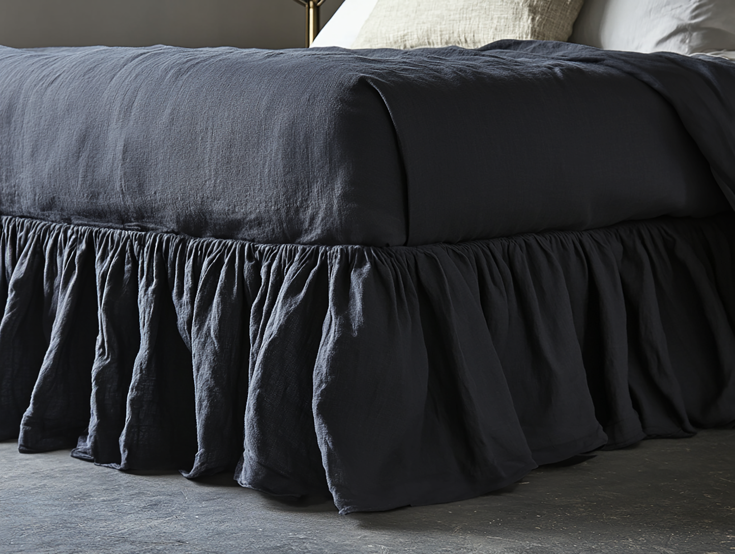 Dark gray ruffled bed skirt