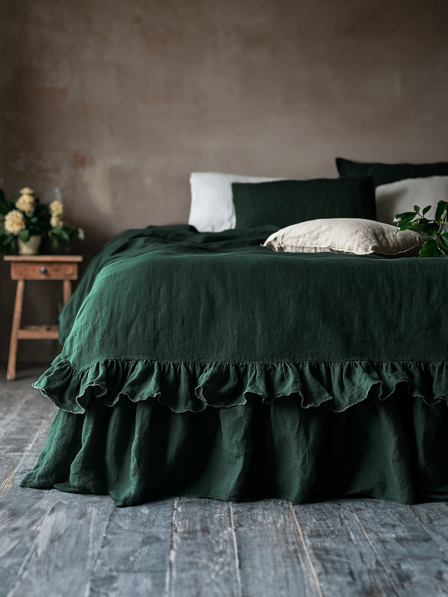 Dark green ruffled bed skirt