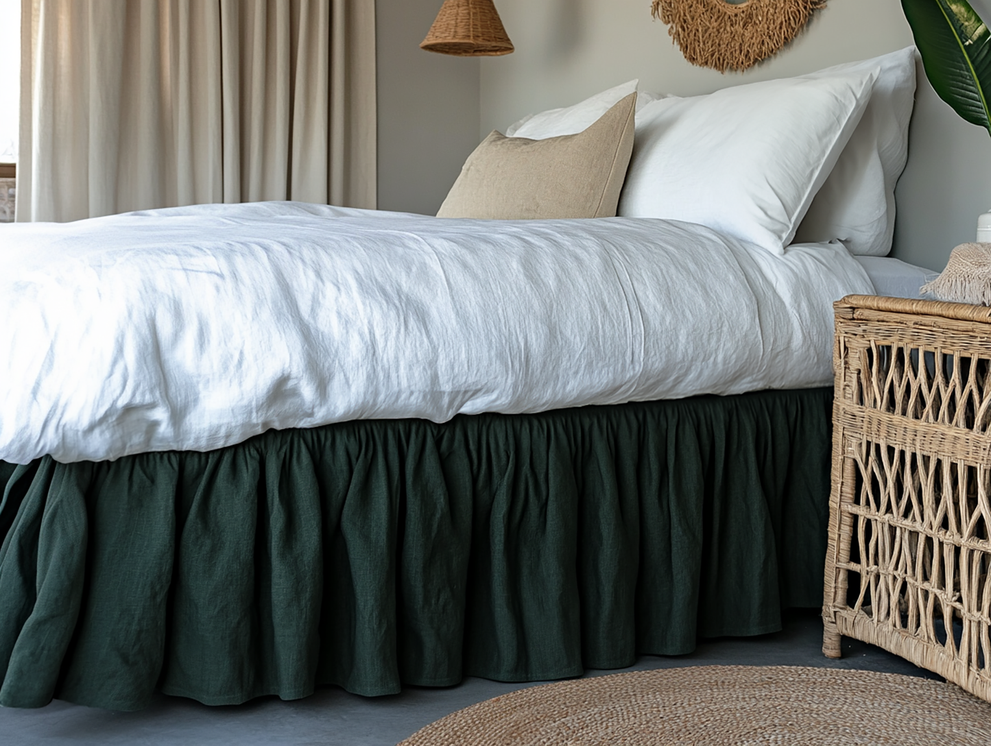 Dark green ruffled bed skirt