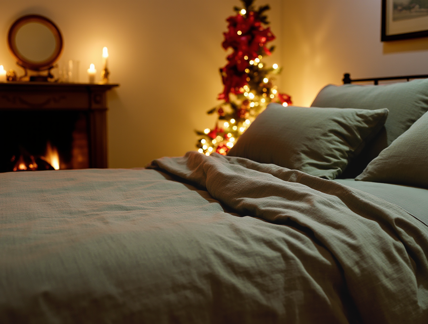 Christmas dark olive linen coverlet