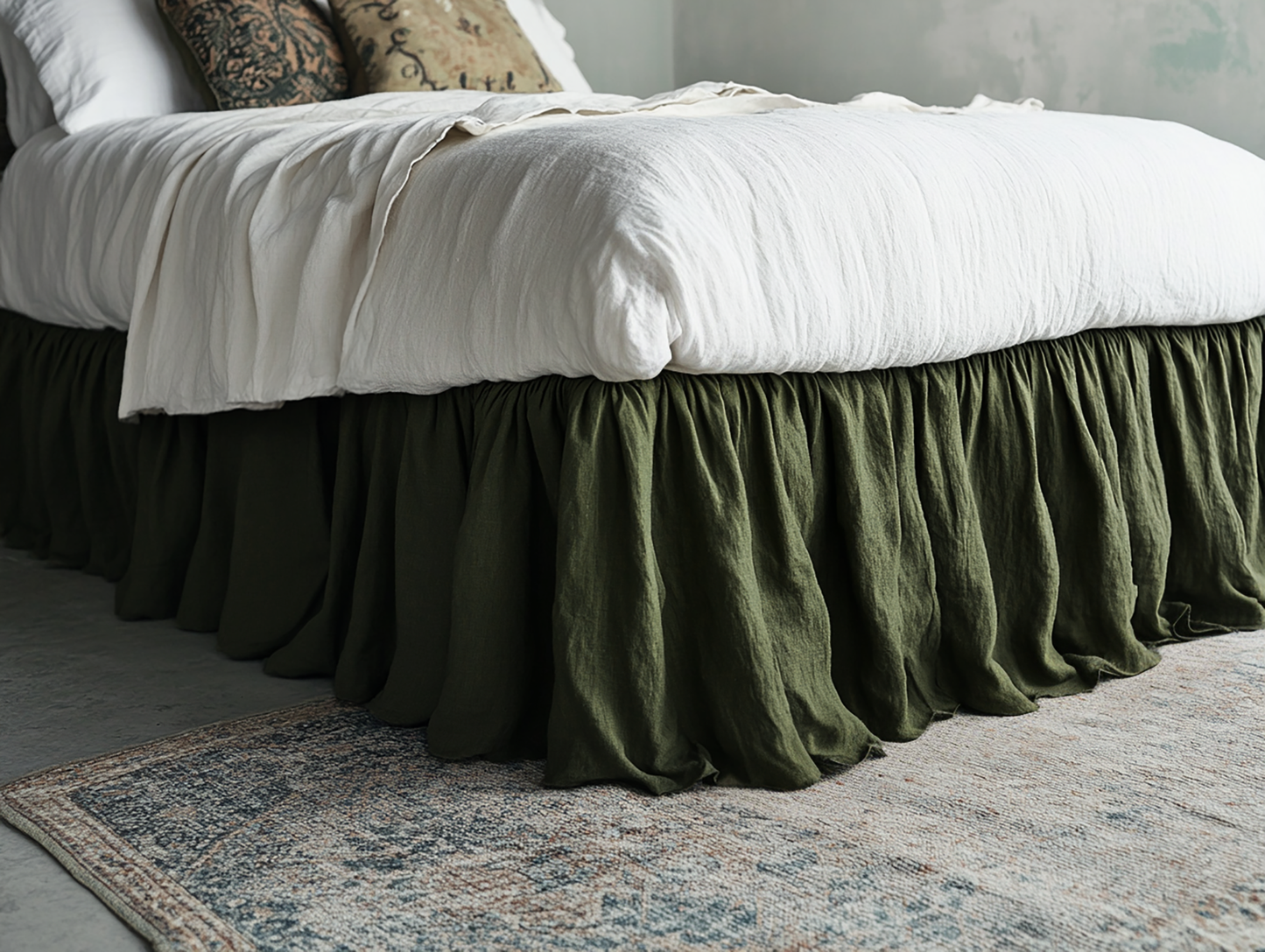 Dark olive ruffled bed skirt