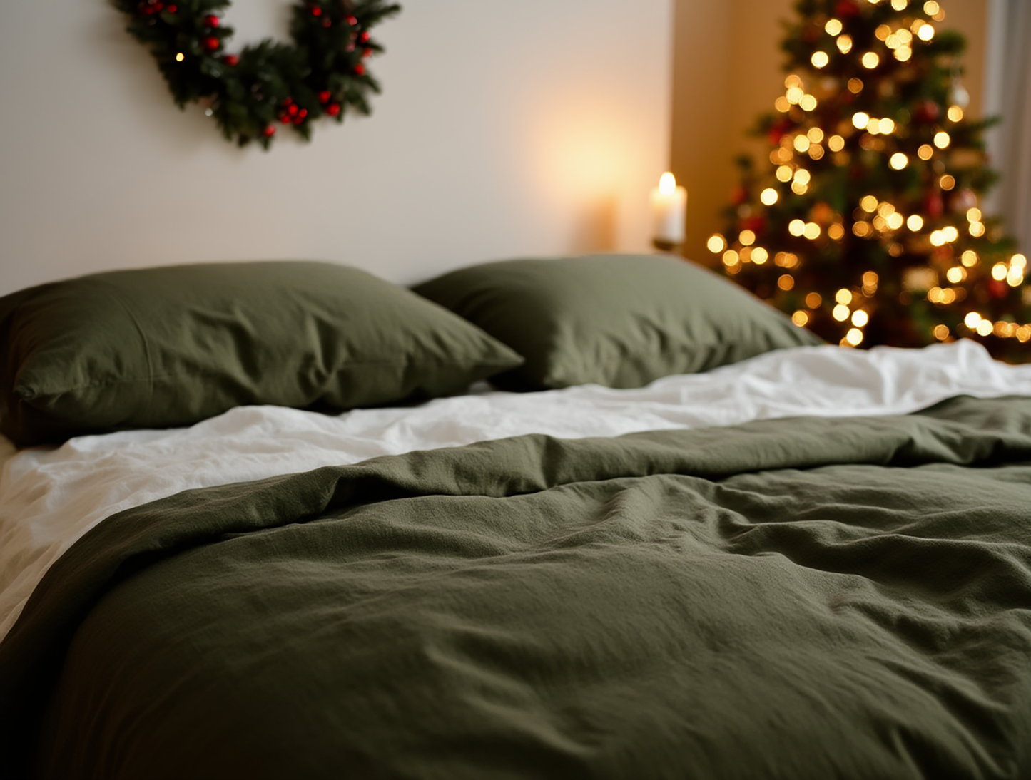 Christmas dark olive linen coverlet