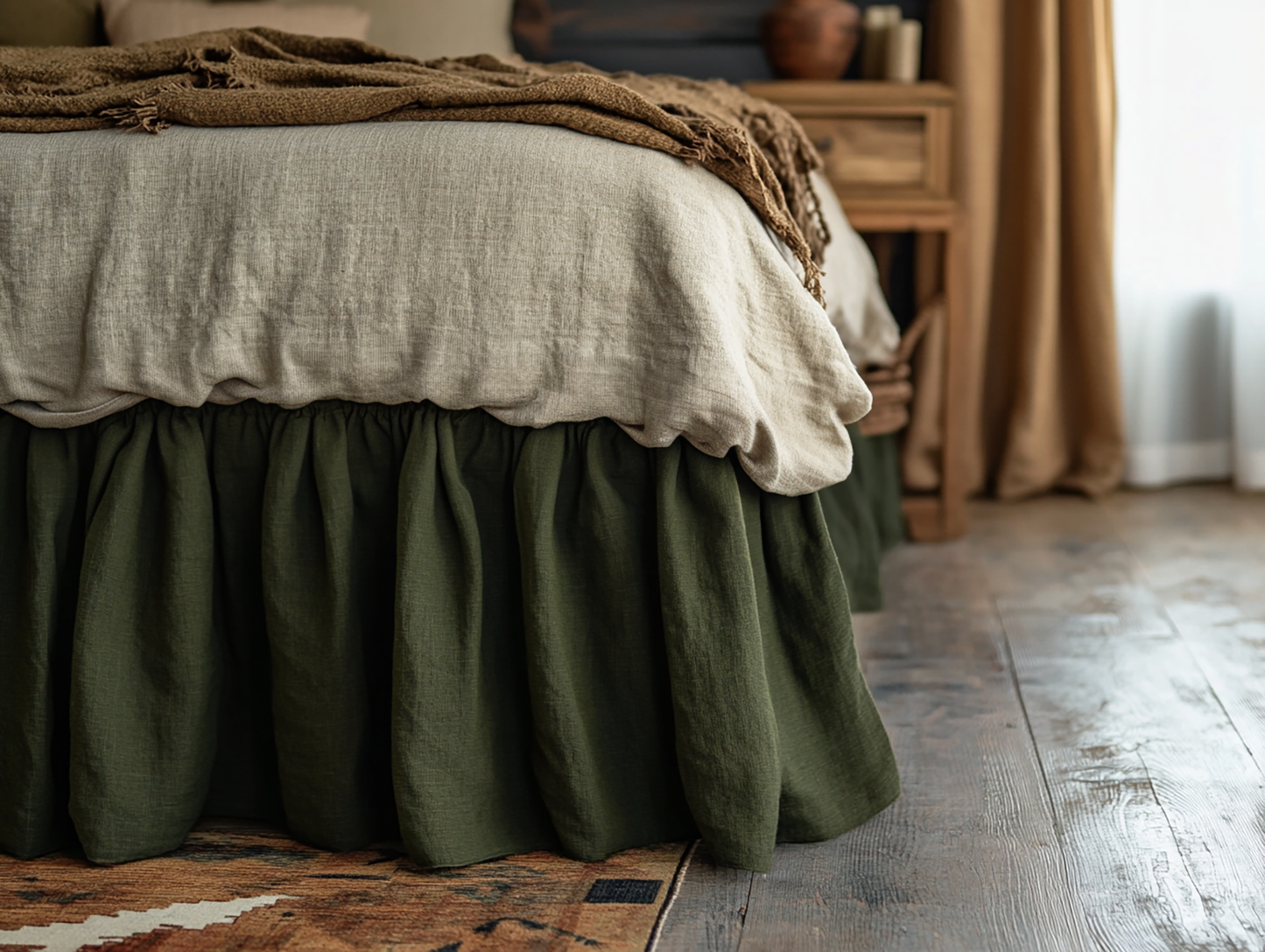 Dark olive ruffled bed skirt