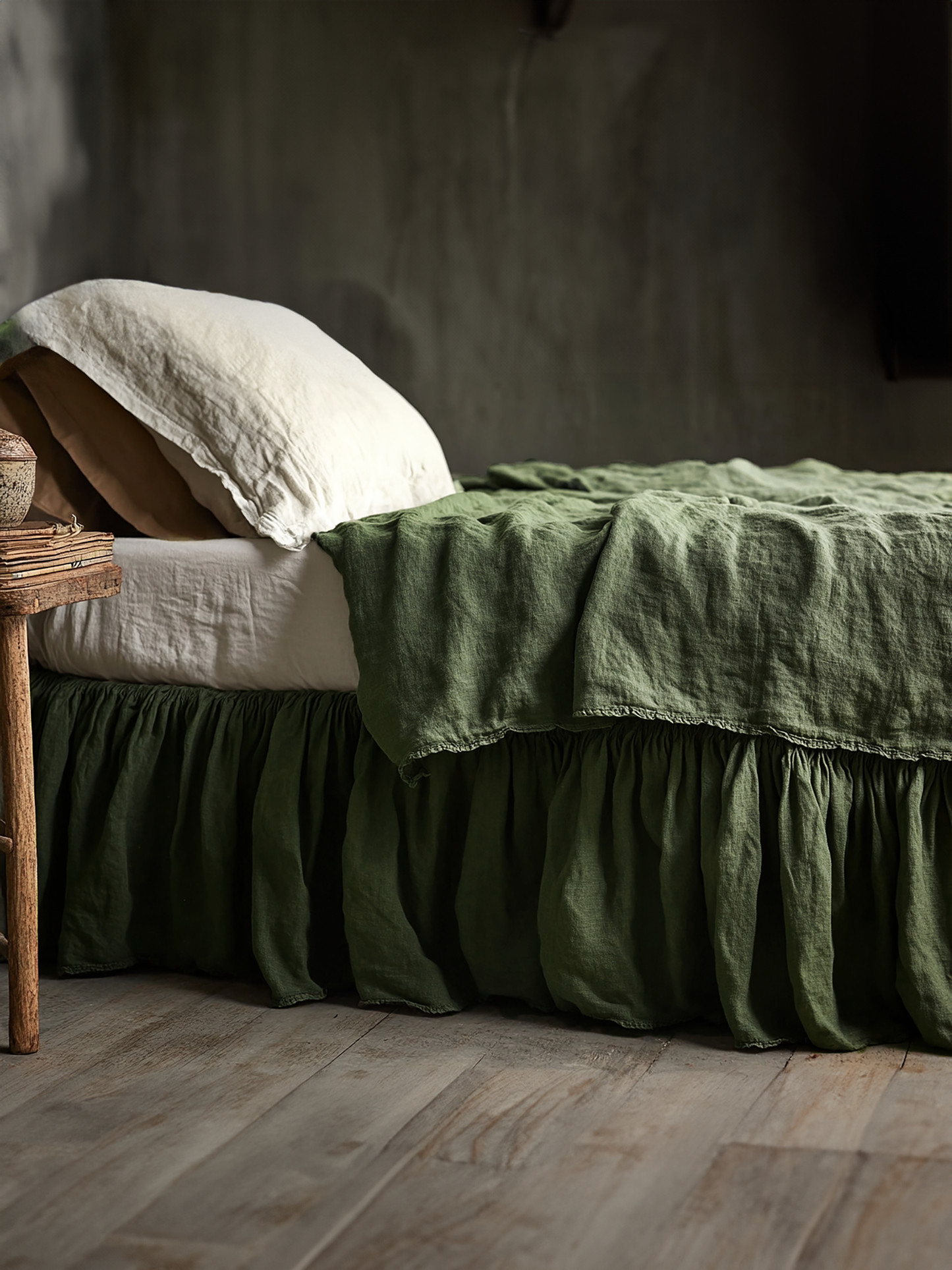 Dark olive ruffled bed skirt