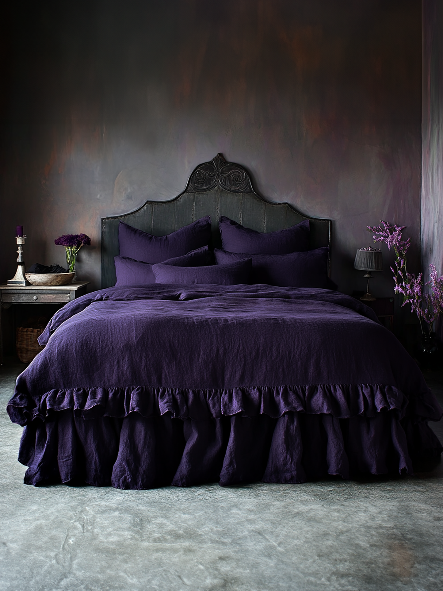 Deep purple ruffled bed skirt