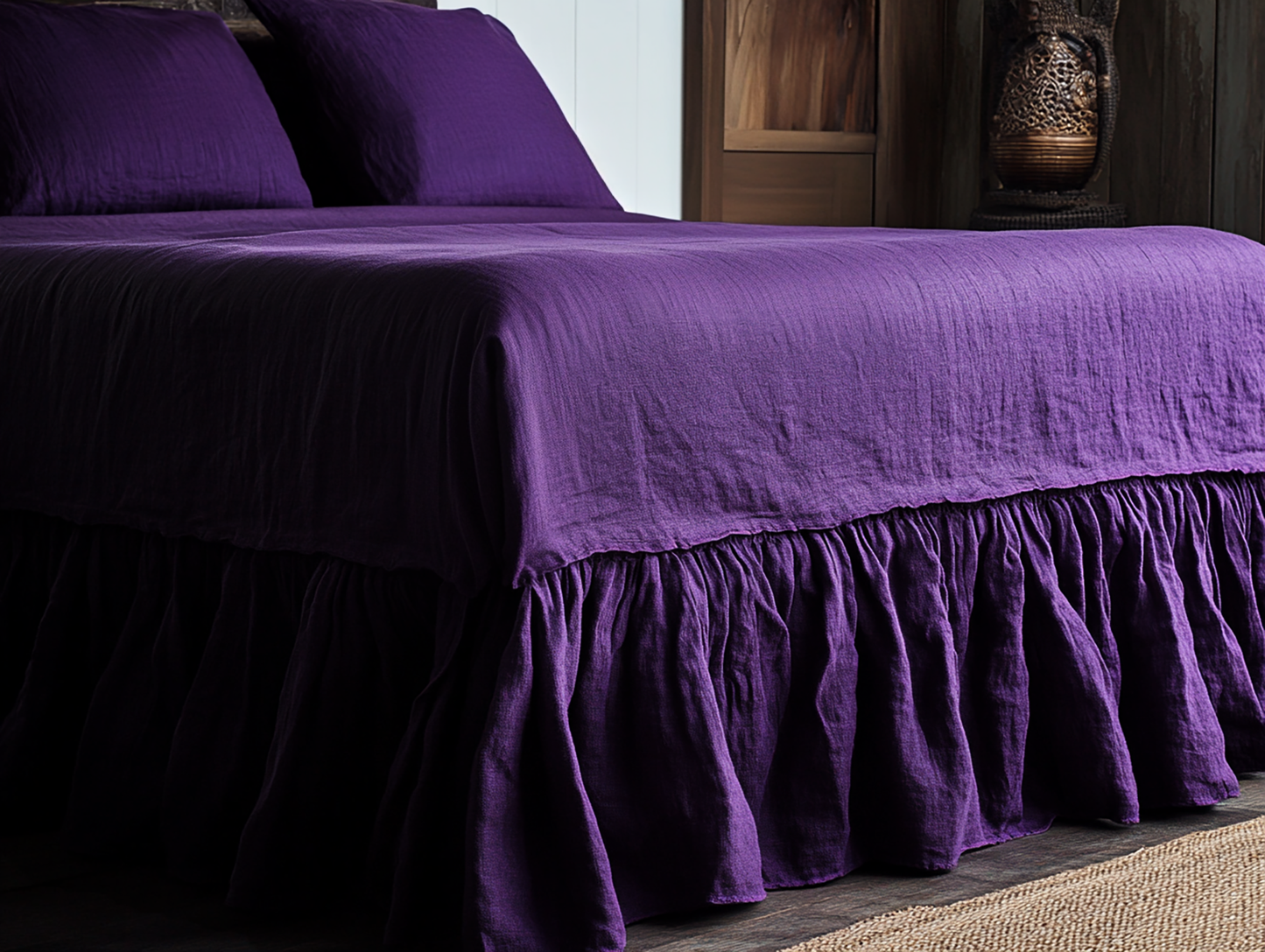 Deep purple ruffled bed skirt