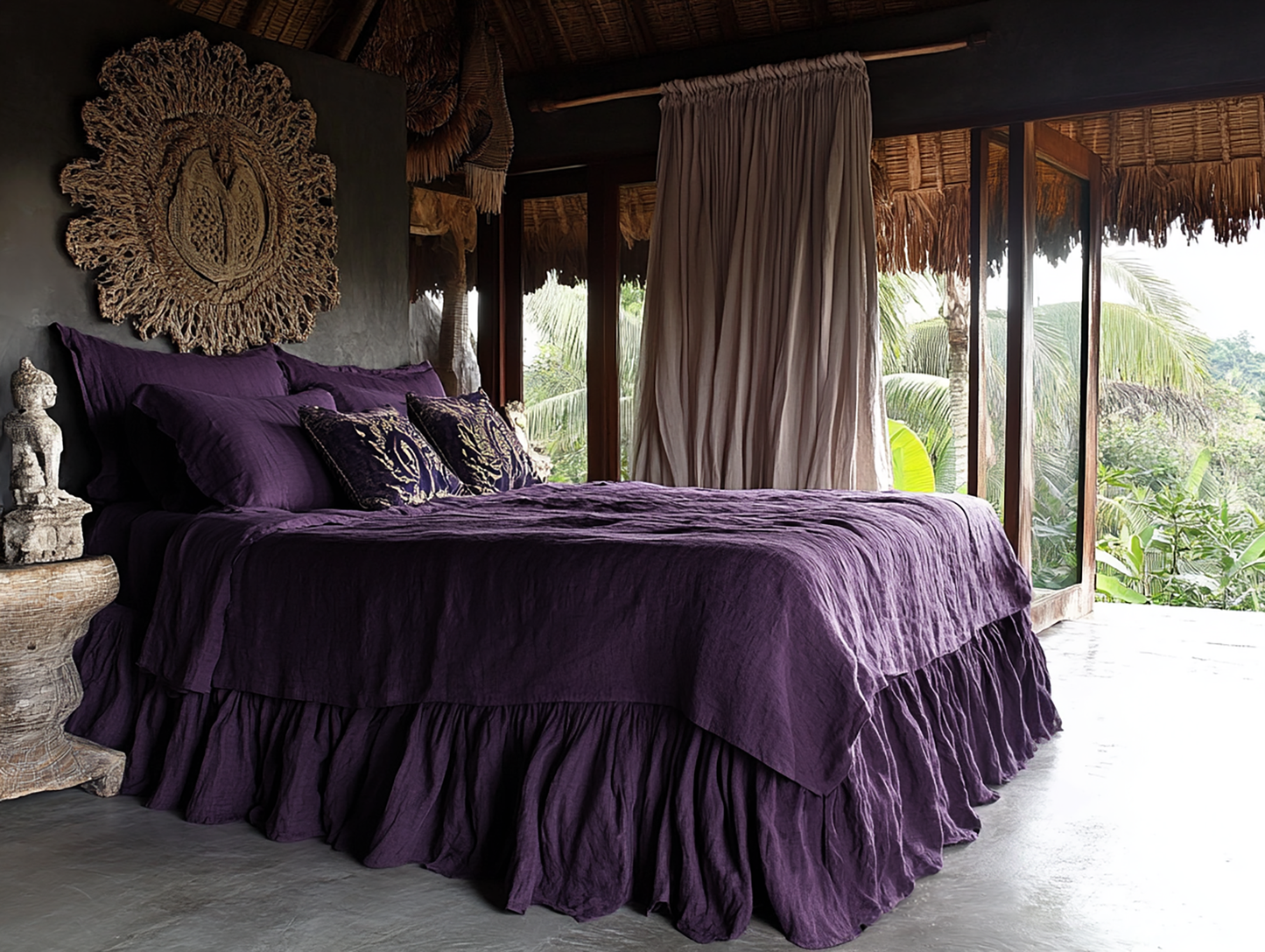 Deep purple ruffled bed skirt