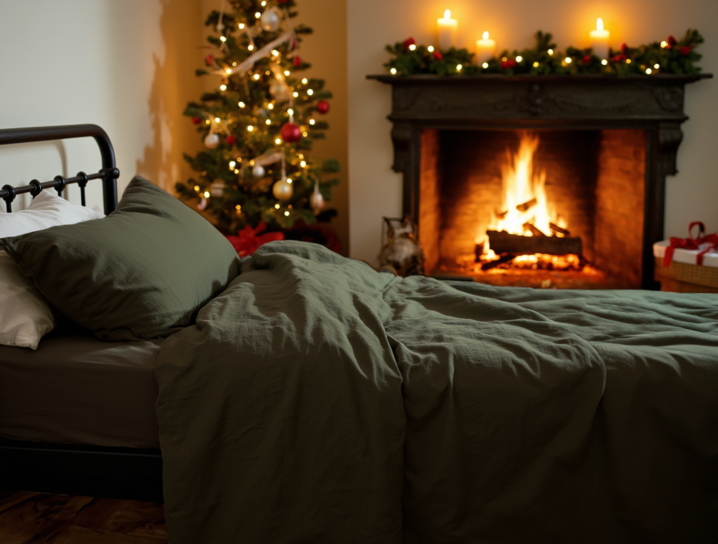 Christmas dark olive linen coverlet