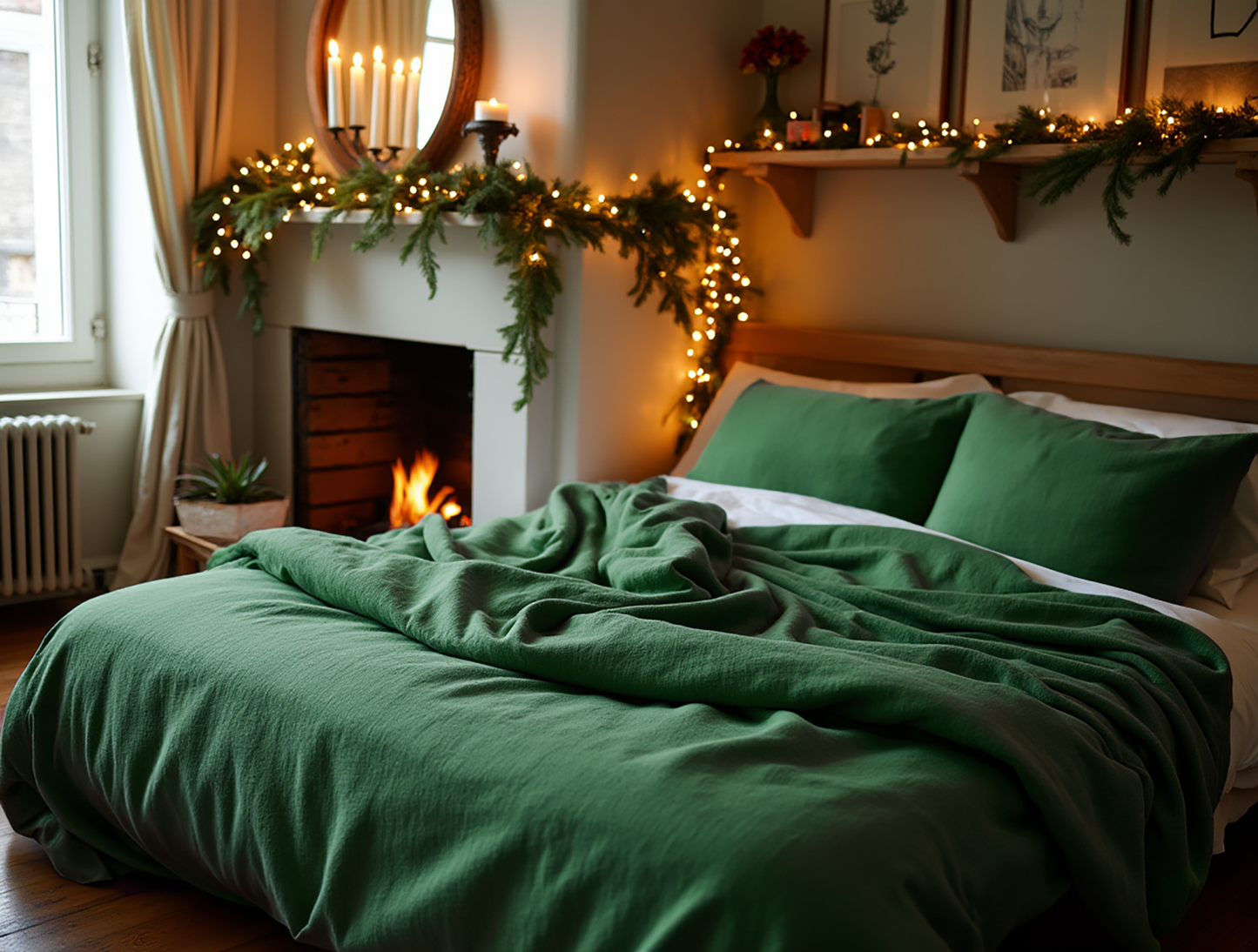 Christmas emerald linen coverlet