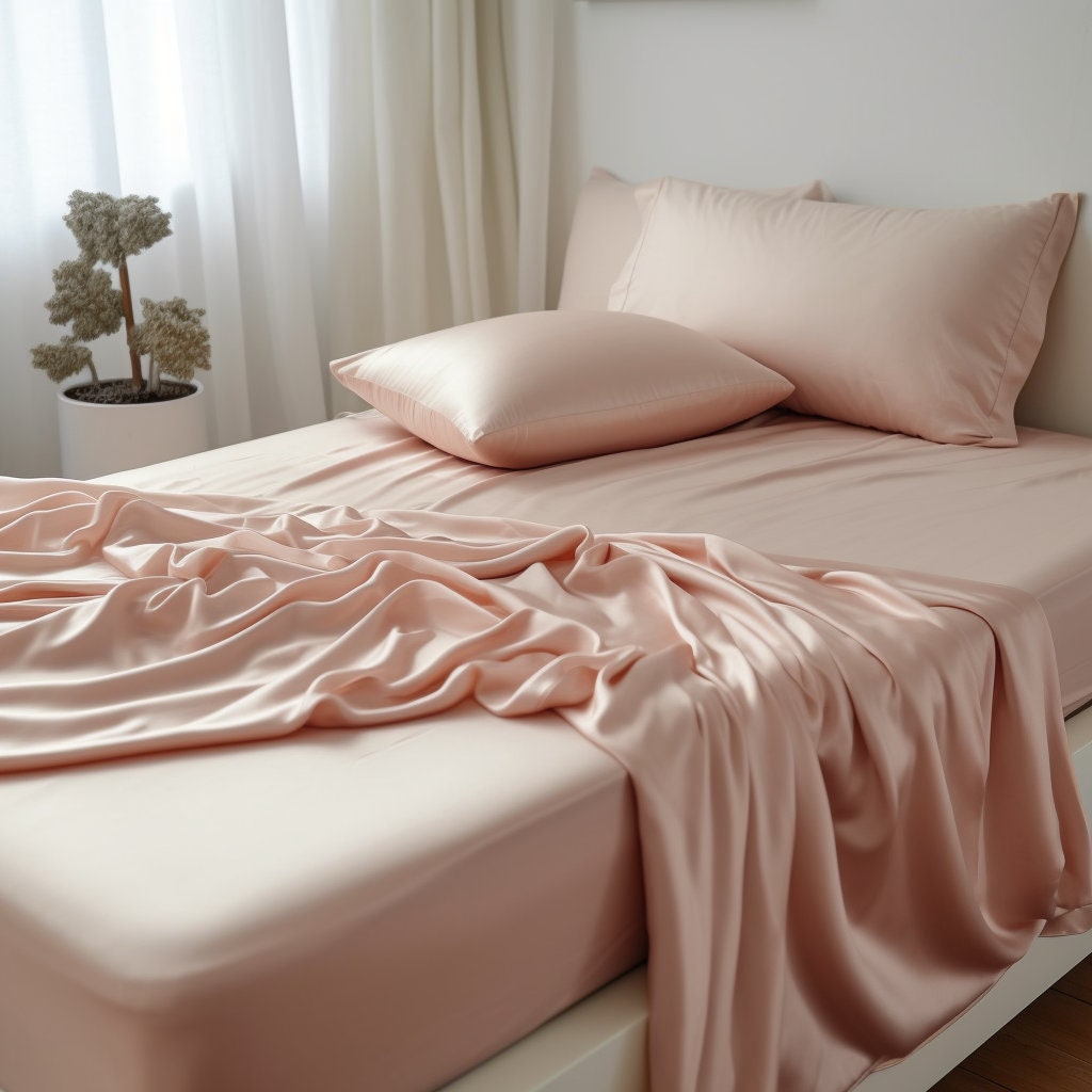 Peach satin fitted sheet Glossy sateen deep pocket Cooling soft silky bedding Natural cotton silk Full Queen King Twin Double Custom size