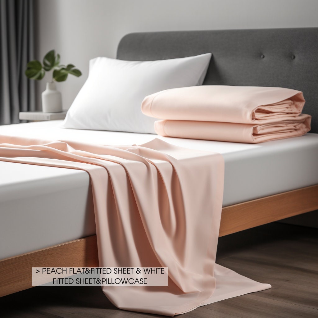 Peach satin fitted sheet Glossy sateen deep pocket Cooling soft silky bedding Natural cotton silk Full Queen King Twin Double Custom size